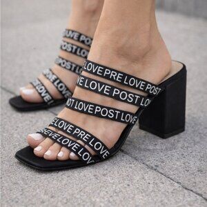Zara Trafaluc size 36 (5.5/6) black strappy heels with "LOVE" and "POST" text